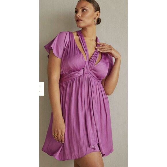 By Anthropologie Deep V-Neck Vibrant Mini Dress Size 4 Purple - Picture 1 of 12